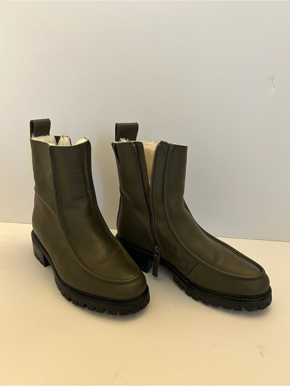 Chunky Lug Sole Ankle Boots in Olive Green with Cream Lining